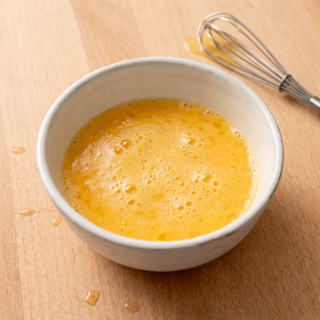 tomato egg stir fry beaten eggs in a white ceramic bowl