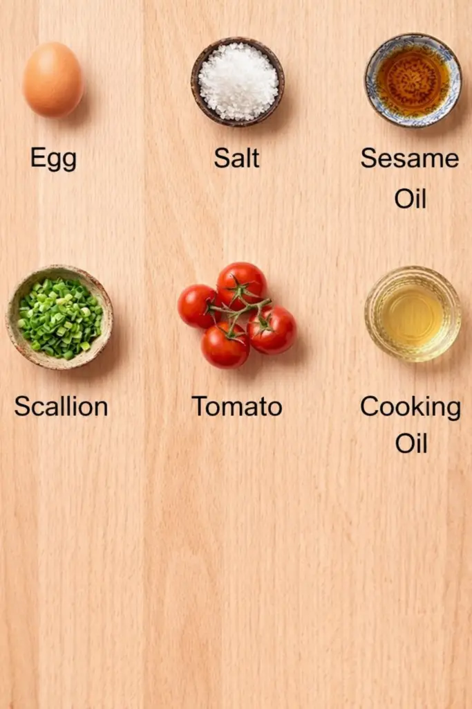 Ingredients required for tomato egg stir fry plated and listed neatly in a 2 row by 3 column format on top of a wooden board background