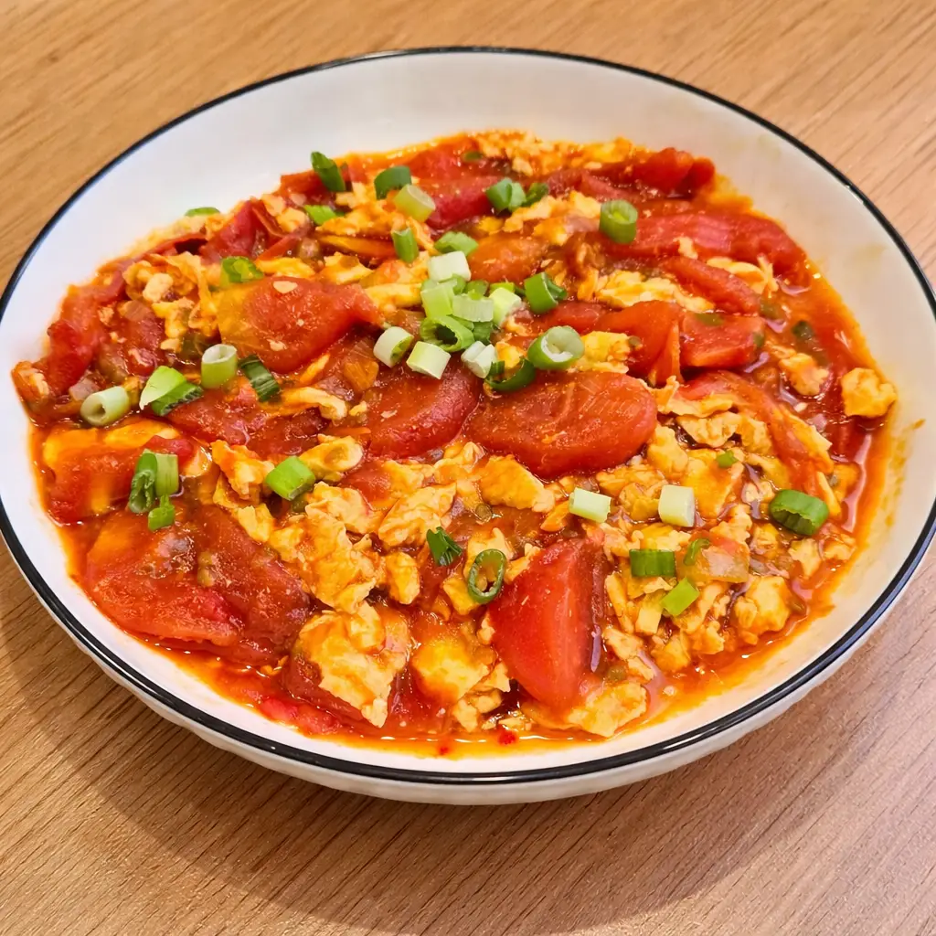 Picture of completed plated tomato egg stir fry dish